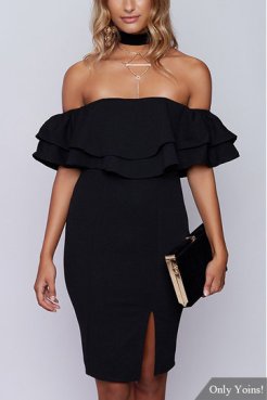 Off-the-shoulder Frill Party Dress in Black